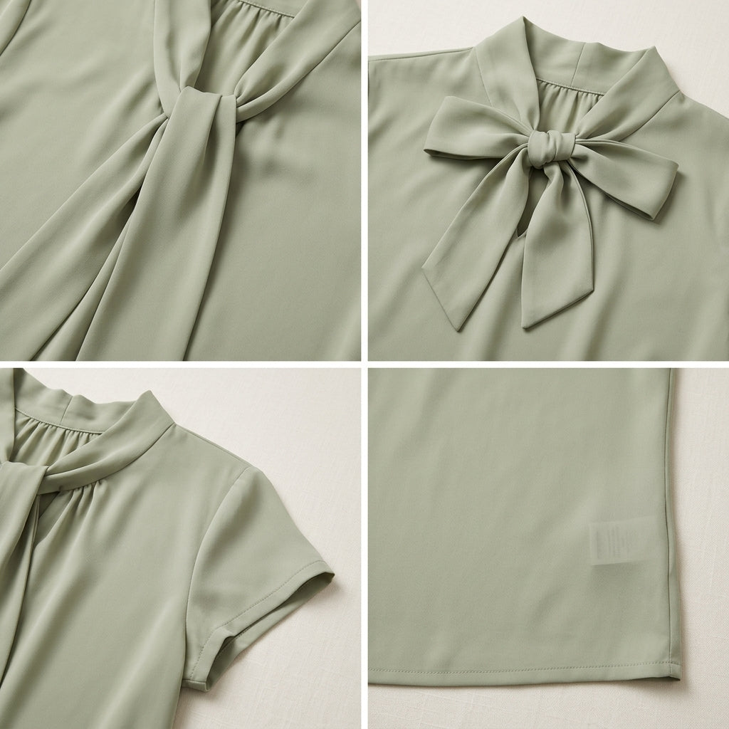 Cotyviux™ Women’s Draped Tie-Neck Blouse – Short Sleeve Office Shirt, Elegant Summer Top & Business Casual Blouse