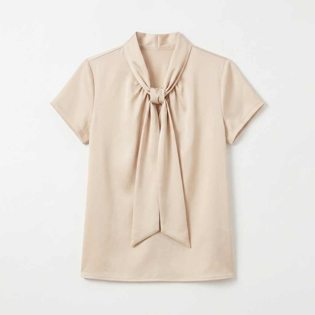 Cotyviux™ Women’s Draped Tie-Neck Blouse – Short Sleeve Office Shirt, Elegant Summer Top & Business Casual Blouse