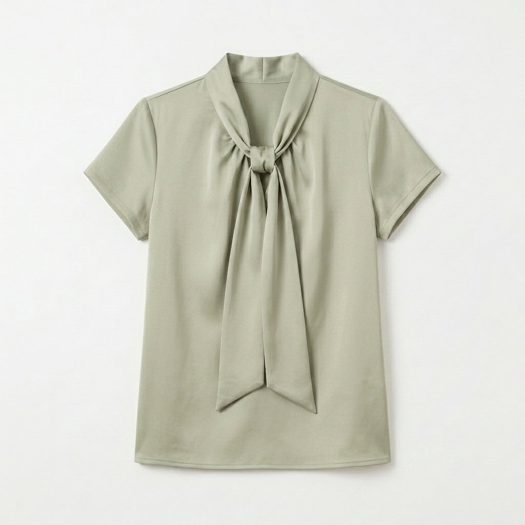 Cotyviux™ Women’s Draped Tie-Neck Blouse – Short Sleeve Office Shirt, Elegant Summer Top & Business Casual Blouse