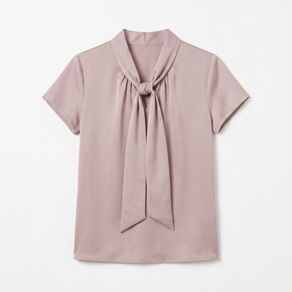 Cotyviux™ Women’s Draped Tie-Neck Blouse – Short Sleeve Office Shirt, Elegant Summer Top & Business Casual Blouse