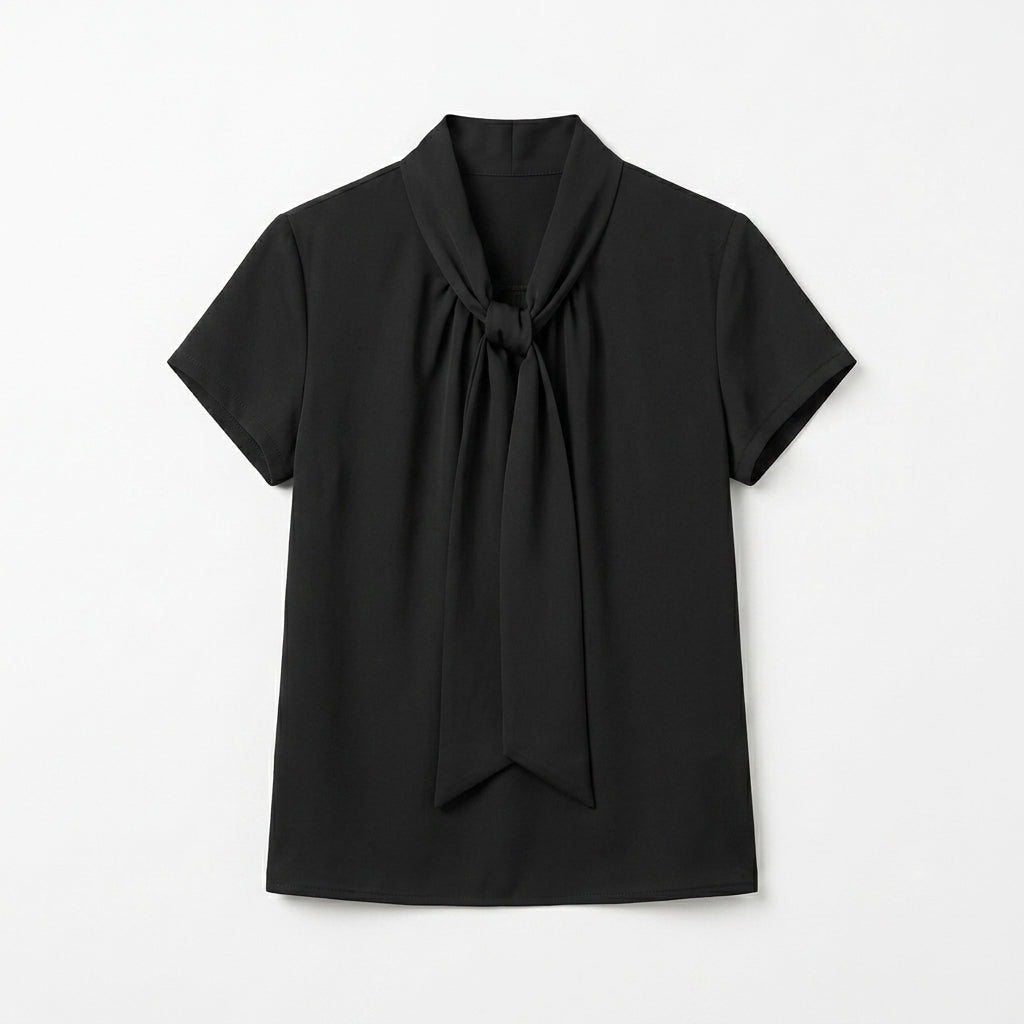Cotyviux™ Women’s Draped Tie-Neck Blouse – Short Sleeve Office Shirt, Elegant Summer Top & Business Casual Blouse