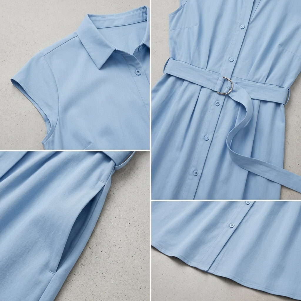 Cotyviux™ Women’s Cap-Sleeve Belted Shirt Dress – Button-Front Midi Dress, Elegant Summer Work Dress
