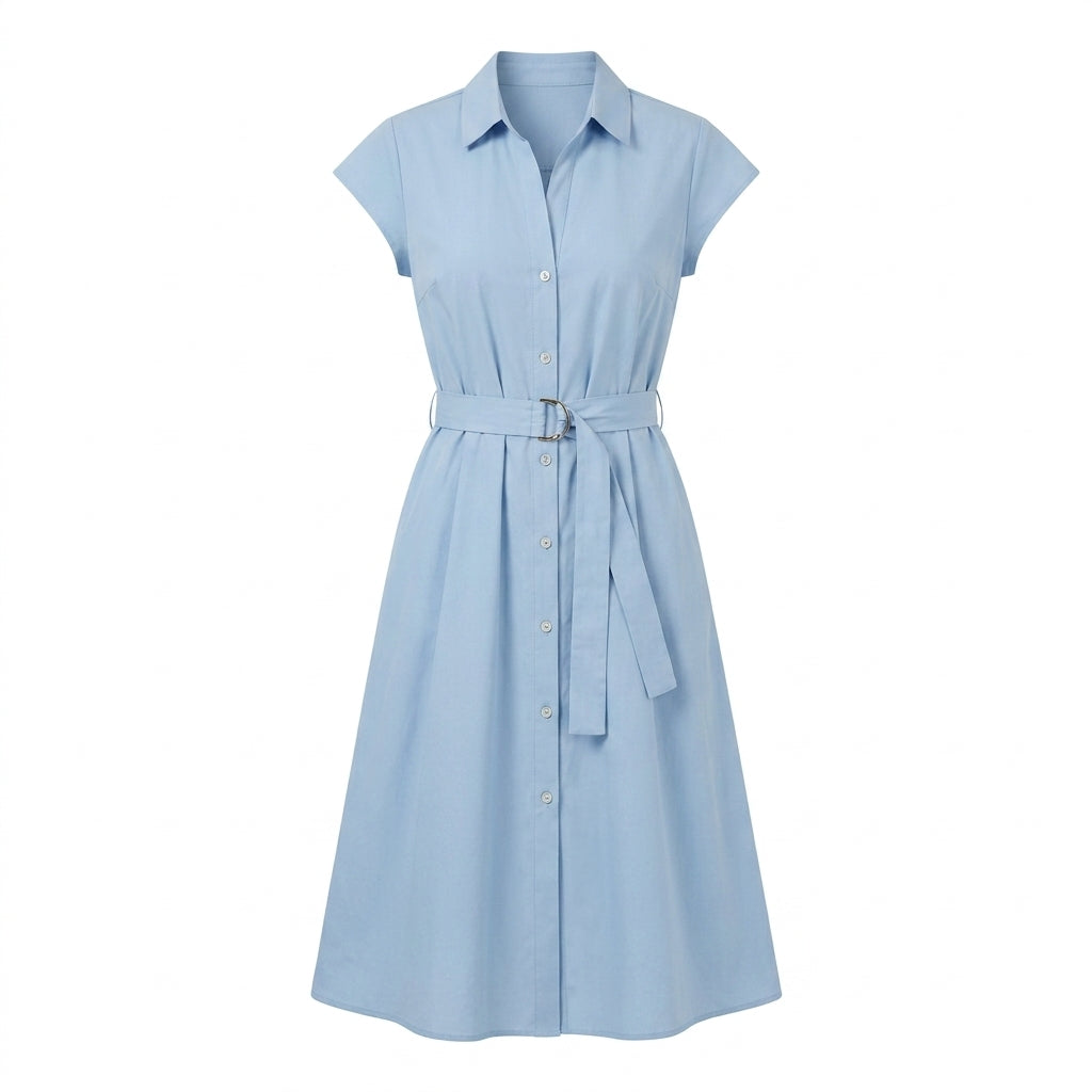 Cotyviux™ Women’s Cap-Sleeve Belted Shirt Dress – Button-Front Midi Dress, Elegant Summer Work Dress
