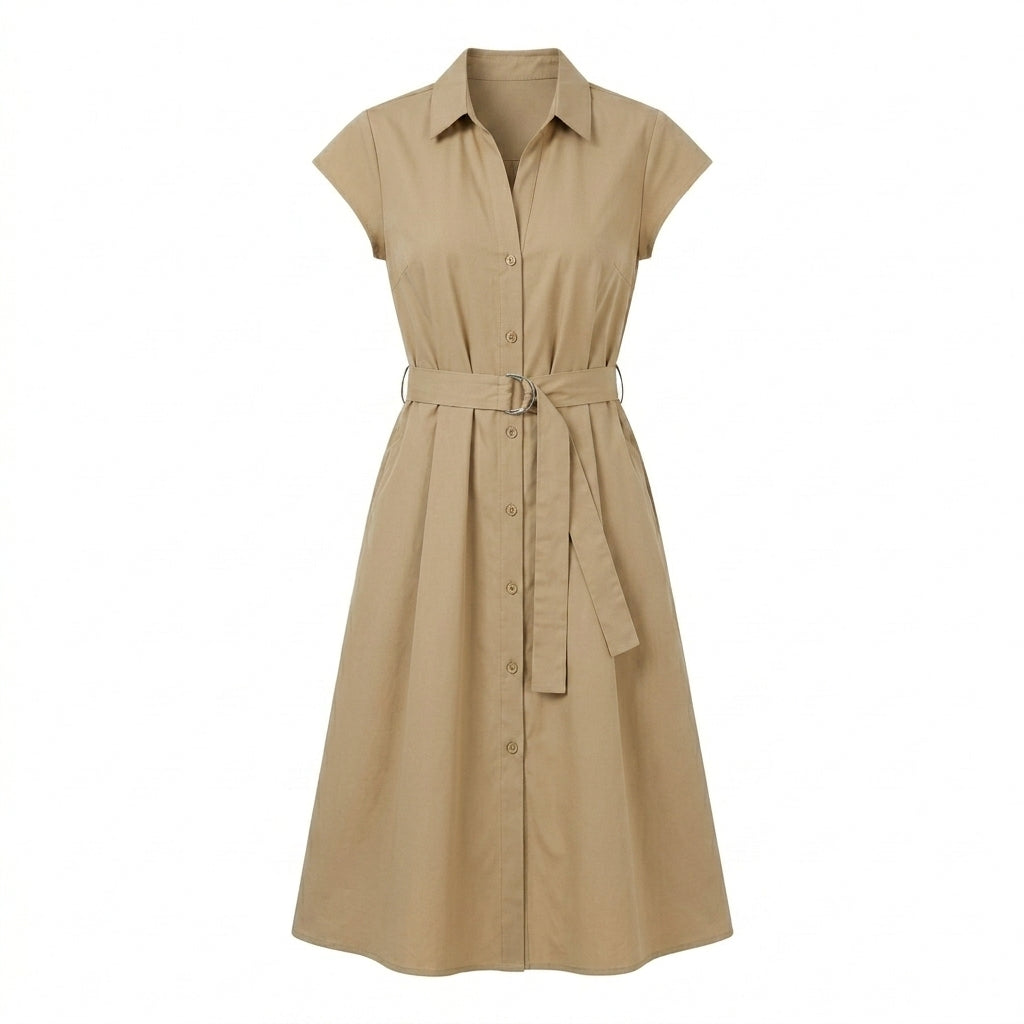 Cotyviux™ Women’s Cap-Sleeve Belted Shirt Dress – Button-Front Midi Dress, Elegant Summer Work Dress