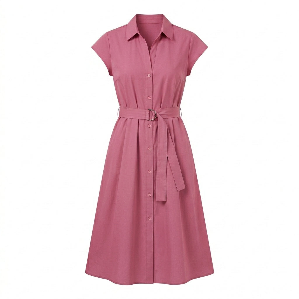 Cotyviux™ Women’s Cap-Sleeve Belted Shirt Dress – Button-Front Midi Dress, Elegant Summer Work Dress
