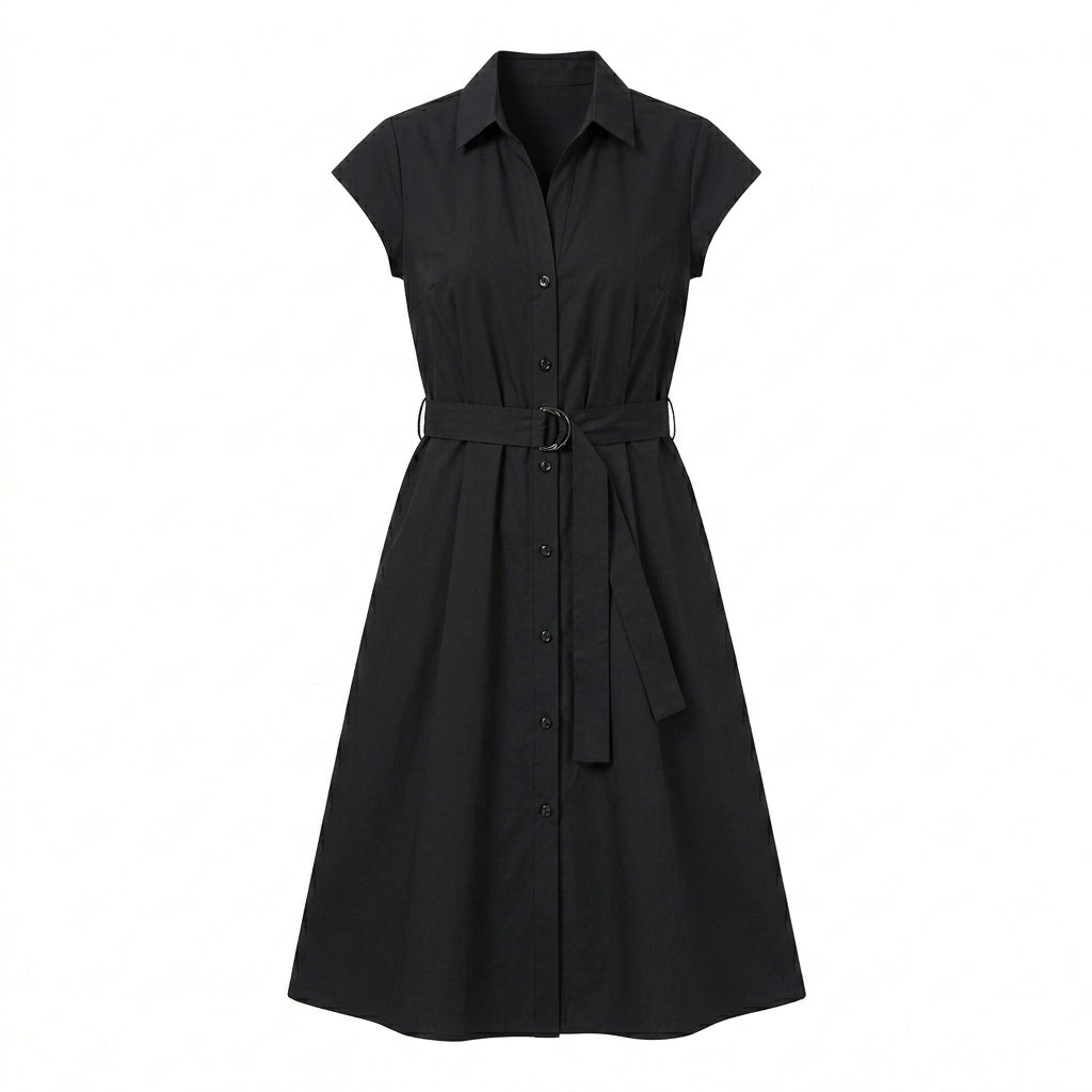 Cotyviux™ Women’s Cap-Sleeve Belted Shirt Dress – Button-Front Midi Dress, Elegant Summer Work Dress