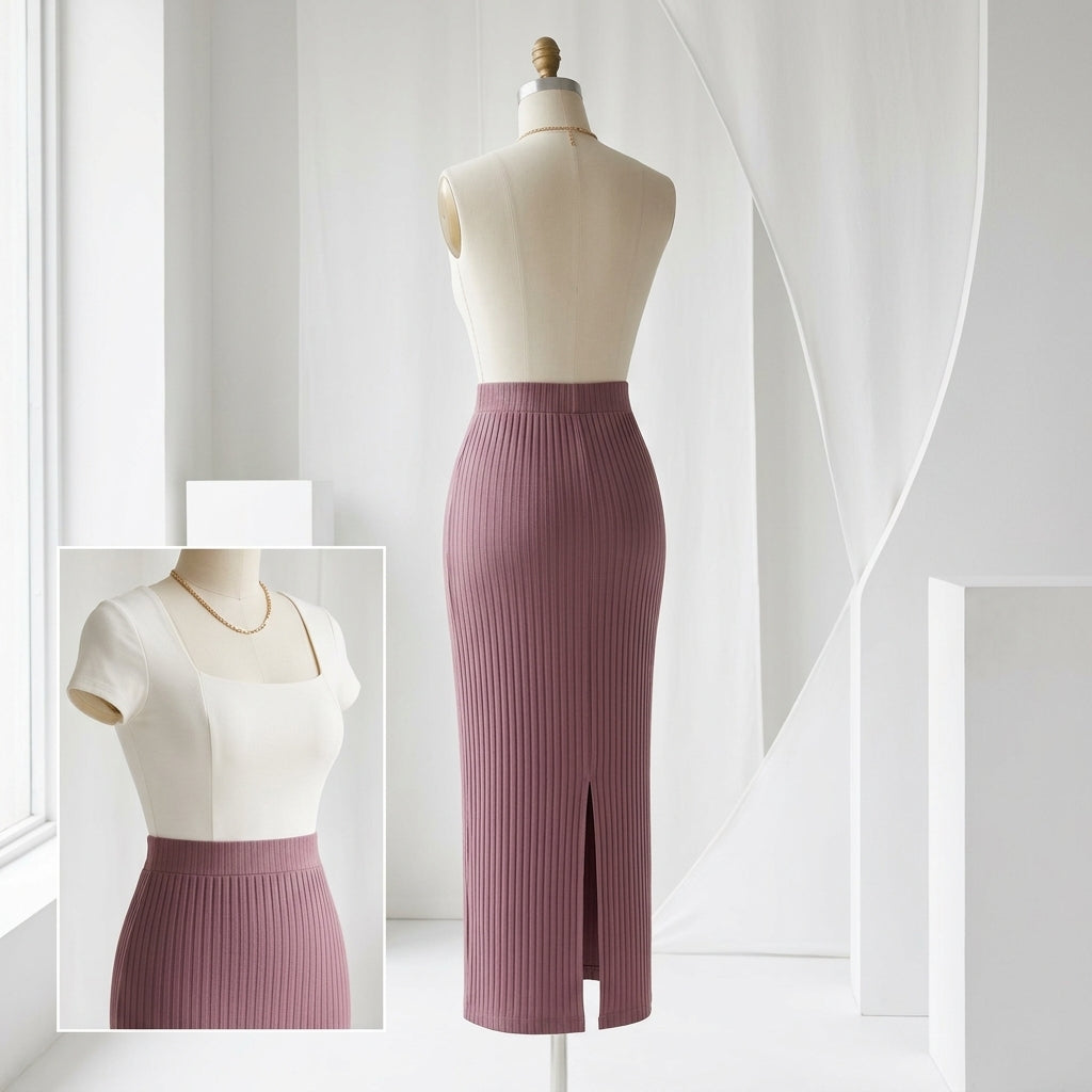 Cotyviux™ Women’s Ribbed Column Midi Skirt – Stretch Knit Summer Skirt, Elegant Pull-On Workwear & Travel Essential