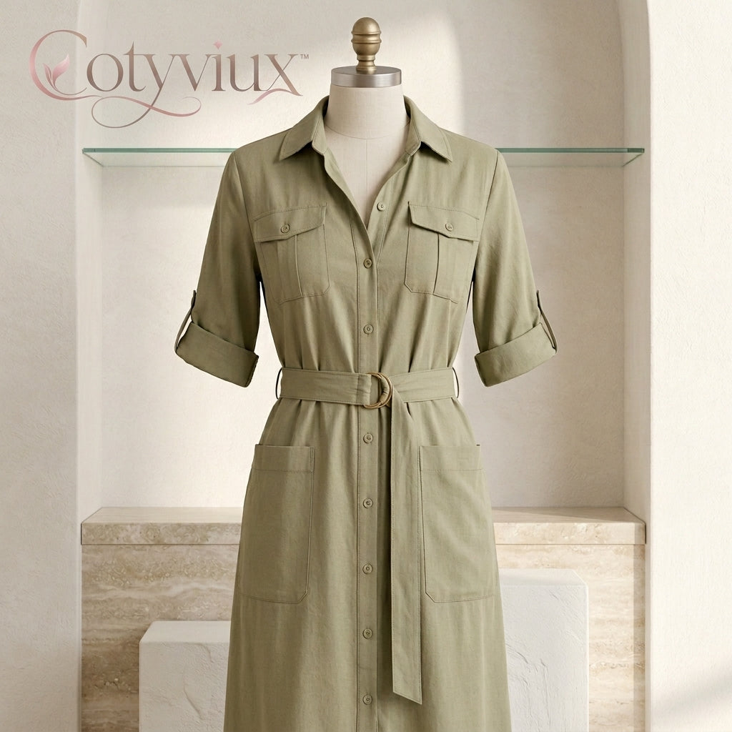 Cotyviux™ Women’s Relaxed Utility Midi Dress – Short Sleeve Summer Dress, Belted Travel Dress & Elevated Casual Workwear