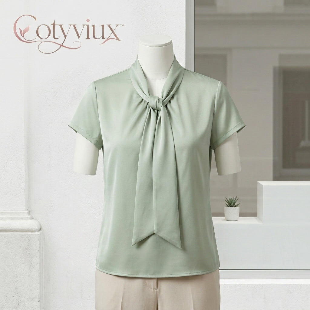 Cotyviux™ Women’s Draped Tie-Neck Blouse – Short Sleeve Office Shirt, Elegant Summer Top & Business Casual Blouse