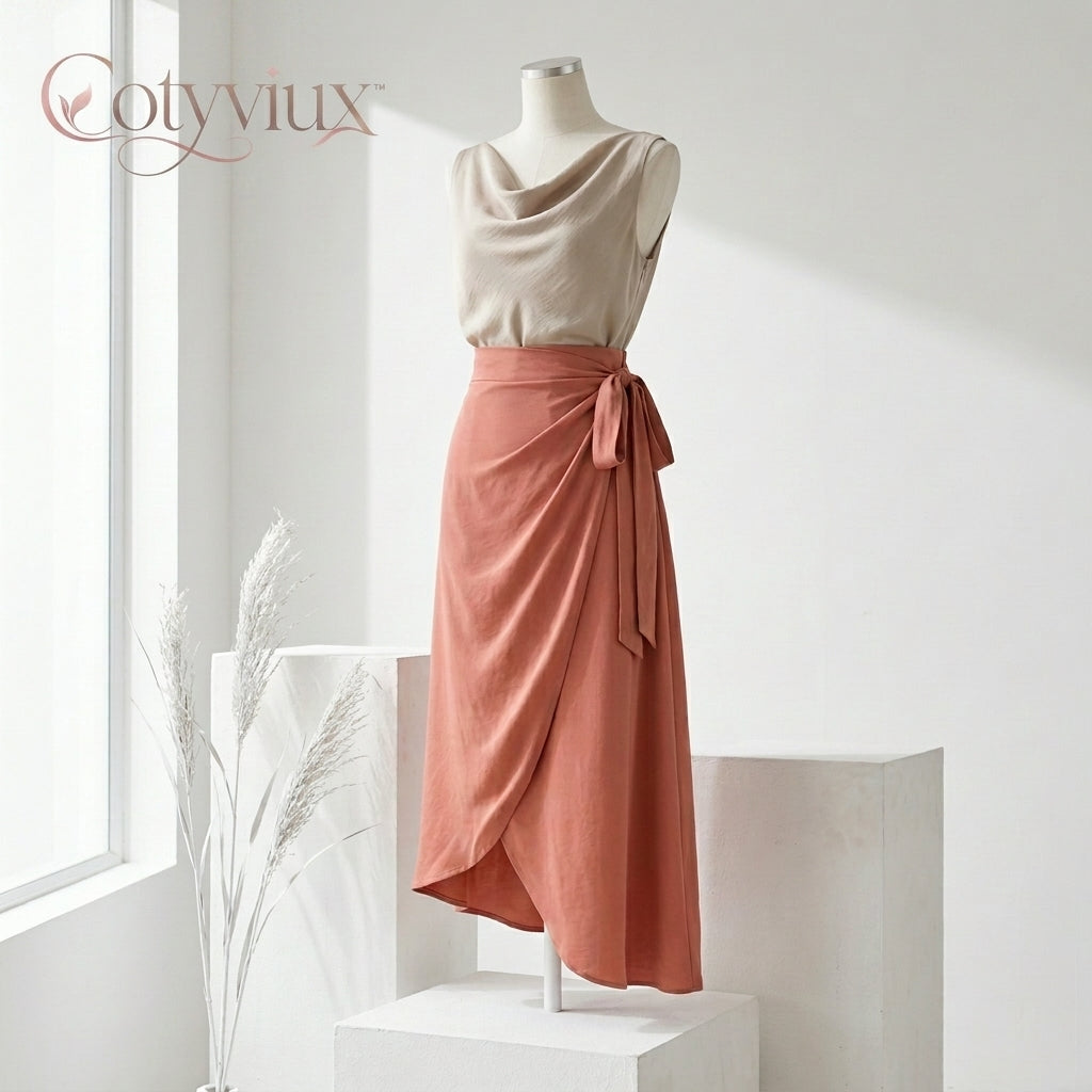 Cotyviux™ Women’s Asymmetrical Wrap Midi Skirt – High-Waisted Summer Skirt, Elegant Workwear & Vacation Bottom
