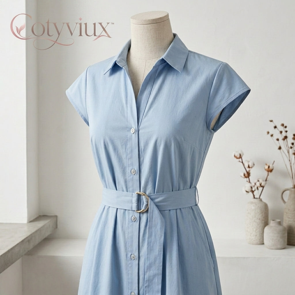 Cotyviux™ Women’s Cap-Sleeve Belted Shirt Dress – Button-Front Midi Dress, Elegant Summer Work Dress