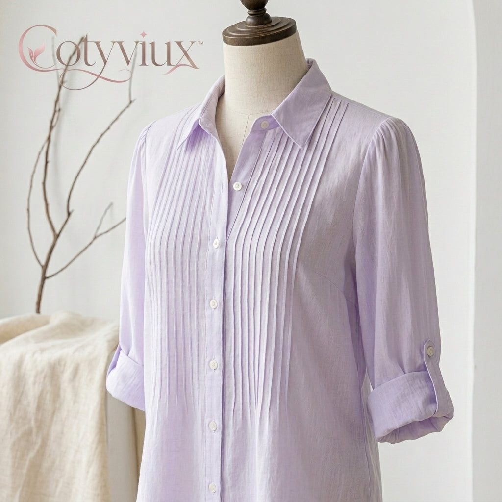 Cotyviux™ Women’s Pintuck Button-Down Blouse – Lightweight Summer Shirt, Relaxed Office Top & Elegant Casual Tunic