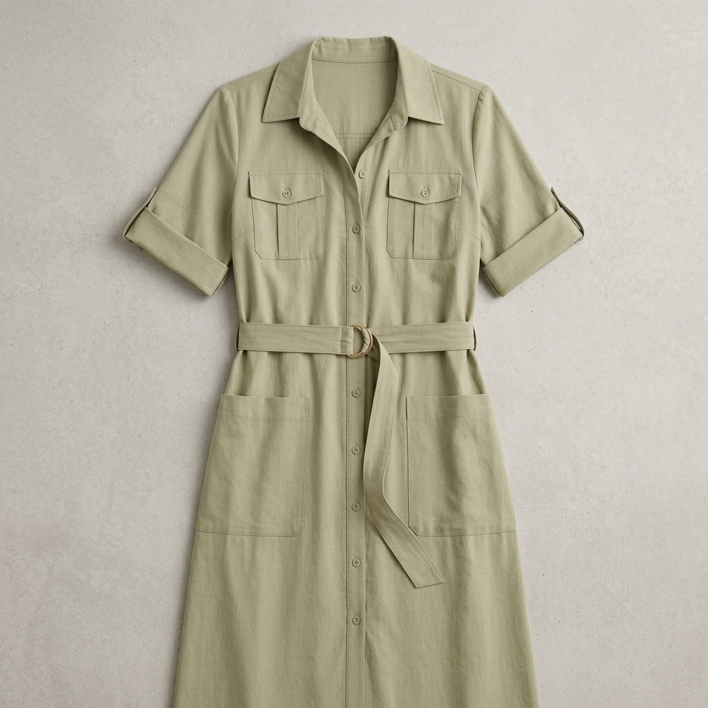 Cotyviux™ Women’s Relaxed Utility Midi Dress – Short Sleeve Summer Dress, Belted Travel Dress & Elevated Casual Workwear