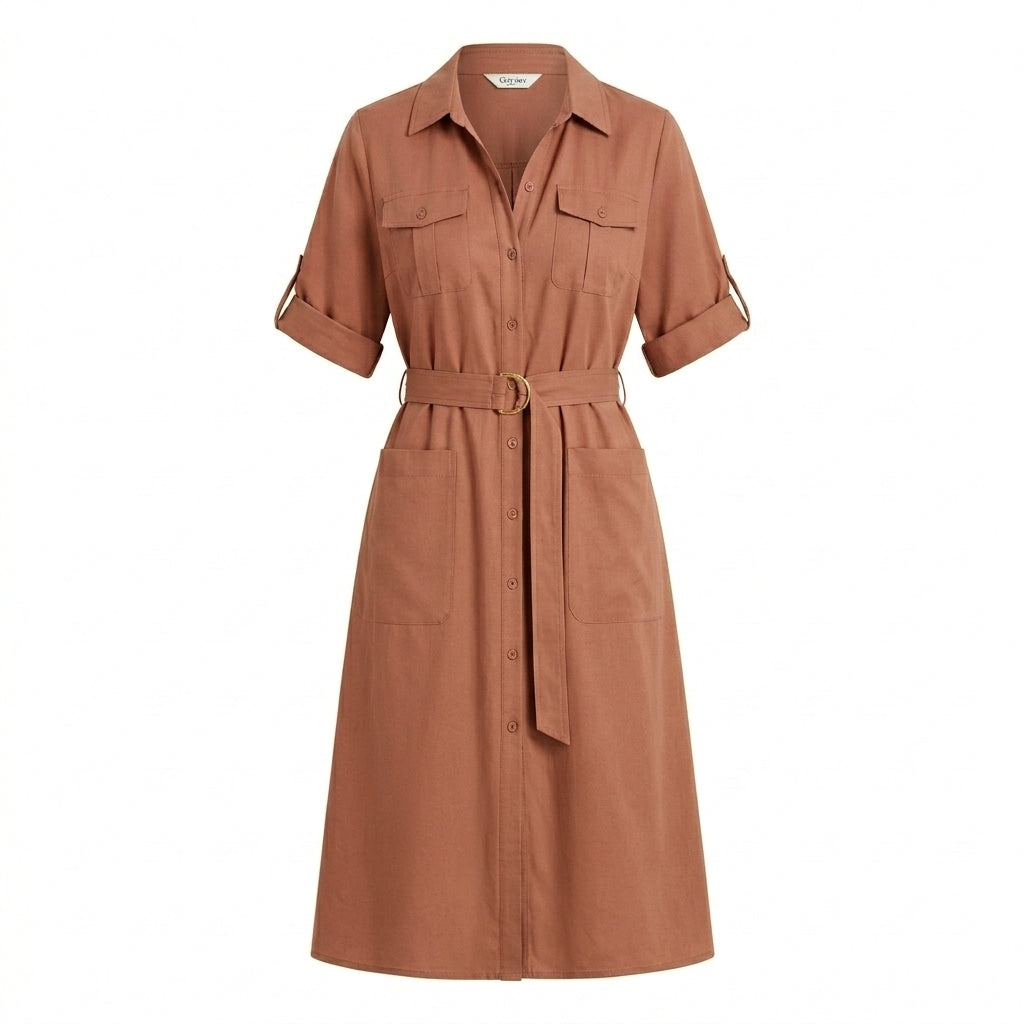 Cotyviux™ Women’s Relaxed Utility Midi Dress – Short Sleeve Summer Dress, Belted Travel Dress & Elevated Casual Workwear