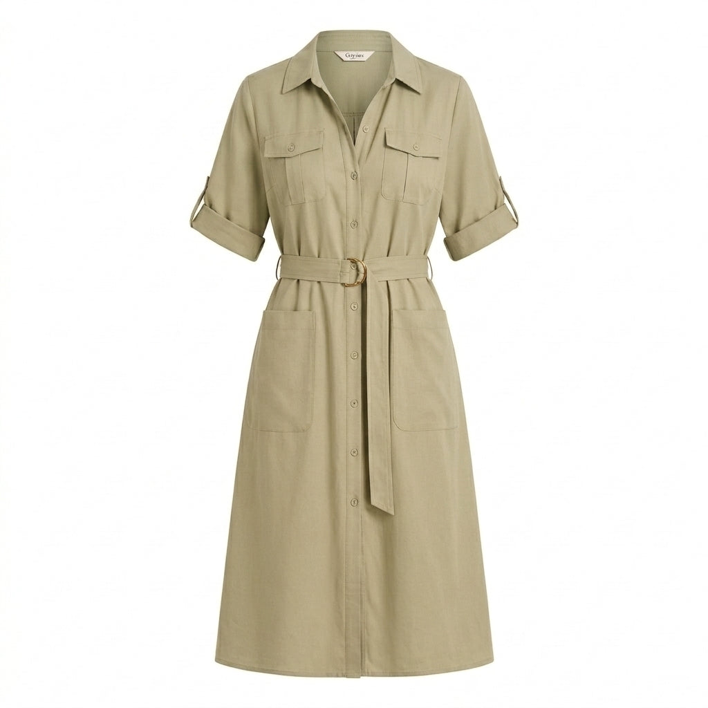 Cotyviux™ Women’s Relaxed Utility Midi Dress – Short Sleeve Summer Dress, Belted Travel Dress & Elevated Casual Workwear