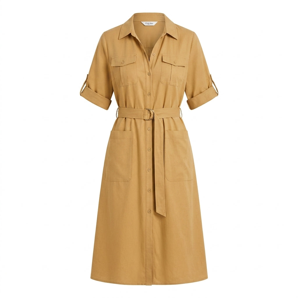 Cotyviux™ Women’s Relaxed Utility Midi Dress – Short Sleeve Summer Dress, Belted Travel Dress & Elevated Casual Workwear