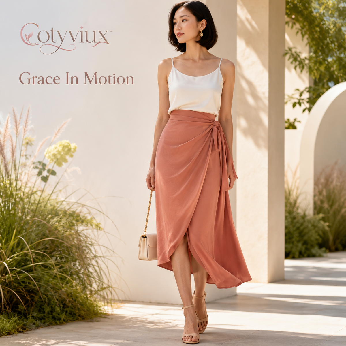 Cotyviux™ Women’s Asymmetrical Wrap Midi Skirt – High-Waisted Summer Skirt, Elegant Workwear & Vacation Bottom
