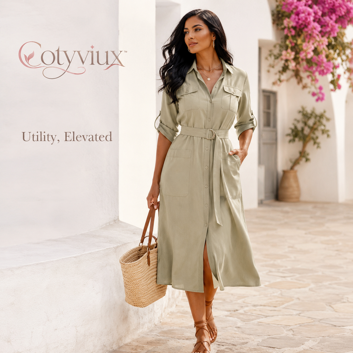 Cotyviux™ Women’s Relaxed Utility Midi Dress – Short Sleeve Summer Dress, Belted Travel Dress & Elevated Casual Workwear