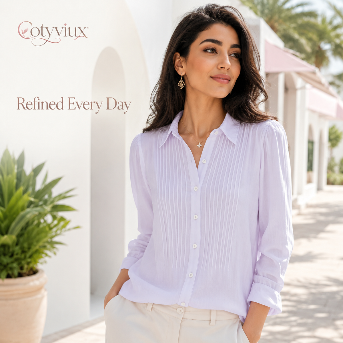 Cotyviux™ Women’s Pintuck Button-Down Blouse – Lightweight Summer Shirt, Relaxed Office Top & Elegant Casual Tunic